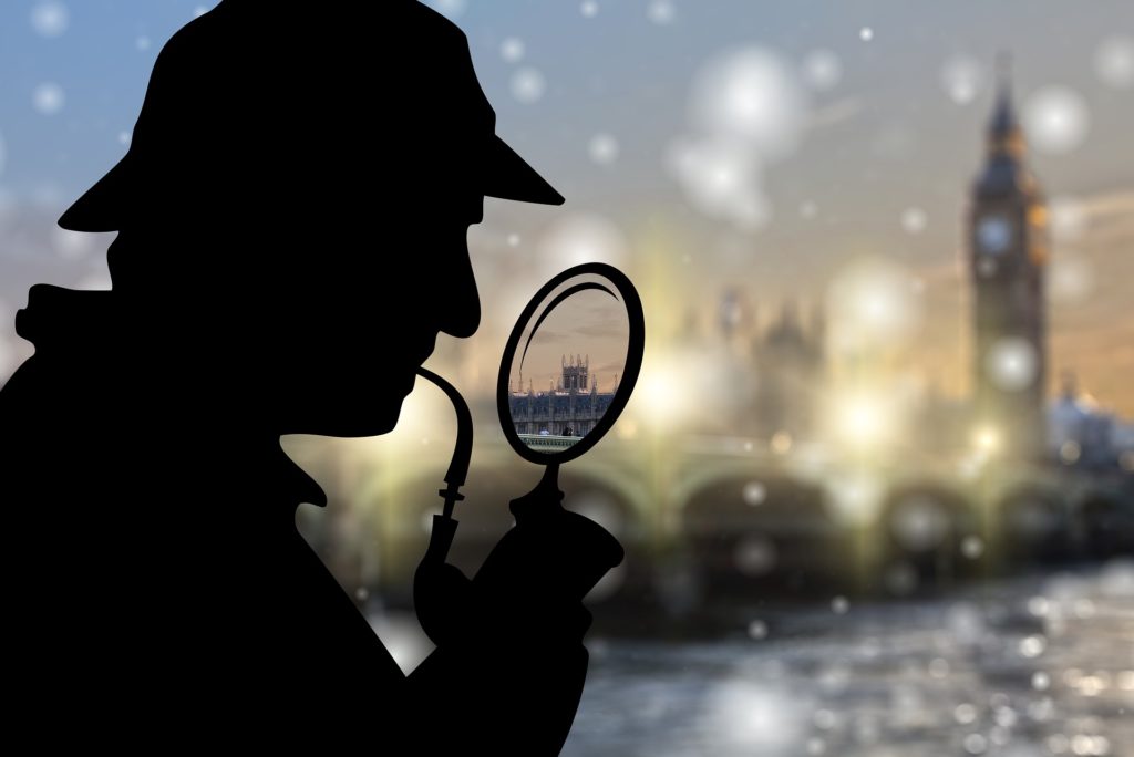 Sherlock Holmes silhouette with London in the background