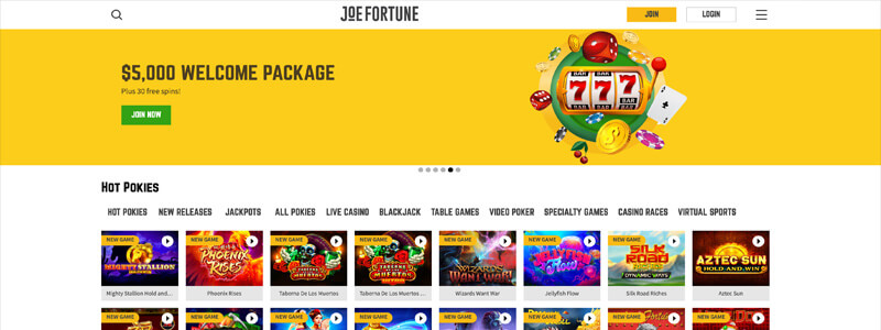 Joe Fortune Casino Pokies Page Screenshot
