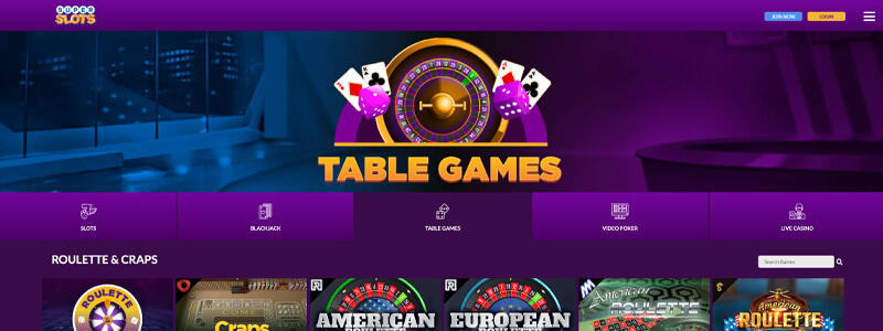 Super Slots Casino Table Games Page Screenshot