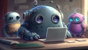 Robots looking at a laptop