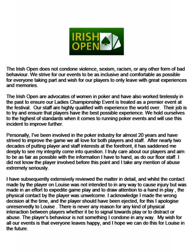 Alleged Physical Altercation and Lack of Response from Staff Mar 2023 Irish Poker Open 2 IPOStatement